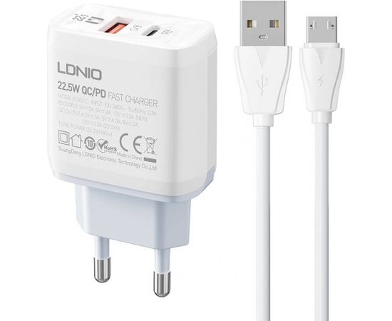 Wall charger  LDNIO A2421C USB, USB-C 22.5W + MicroUSB cable