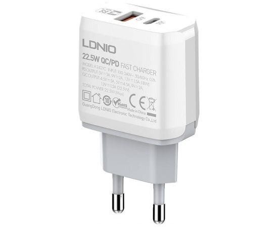Wall charger  LDNIO A2421C USB, USB-C 22.5W + Lightning cable