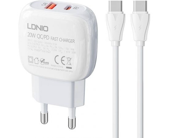 Wall charger  LDNIO A2313C USB, USB-C + USB-C - USB-C cable