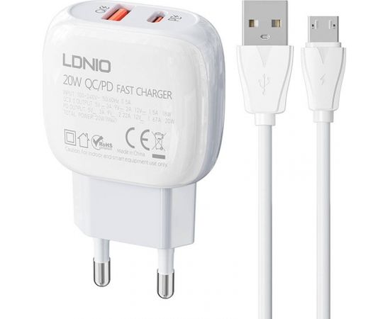 Wall charger  LDNIO A2313C USB, USB-C 20W + MicroUSB cable
