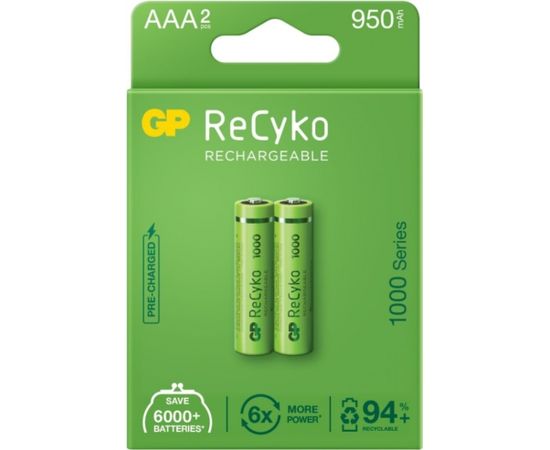 2x rechargeable batteries AAA / R03 GP ReCyko 1000 Series Ni-MH 950mAh