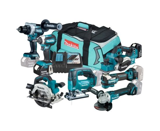 Instrumentu komplekts Makita DLX7019TX1 (DDF486+DGA504+DHS660+DJV182+DKP181+DTD153+DTM52); 18 V; 2x5,0 Ah akum. Наборы электроинструментов