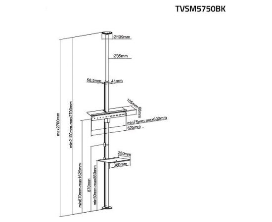 Nedis TVSM5750BK Профессиональное ТВ крепление от пола до потолка для ТВ 37-70"