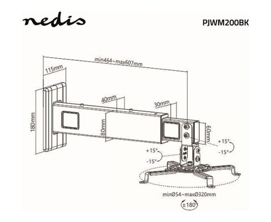 Nedis PJWM200BK Настенное крепление для проектора 360 ° / Max 15kg / 54-320 mm