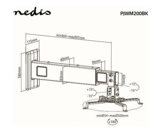 Nedis PJWM200BK Projektora sienas stiprinājums 360 ° / Max 15kg / 54-320 mm