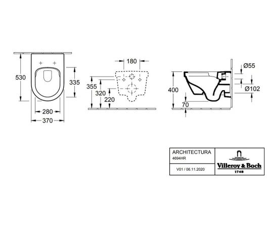 Villeroy & Boch Architectura Oval pods Rimless, stiprināms pie sienas, 370x530 mm, ar QR/SC vāku ( 98M9C101), balts