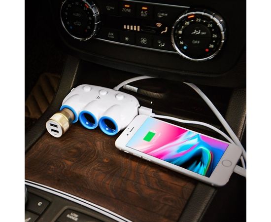 Hoco C1 150W Auto 12/24V Ligzdas sadalītājs uz 3 ligzdām + vads + 2x USB 2.4A Melns