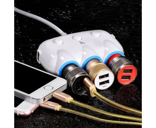 Hoco C1 150W Auto 12/24V Ligzdas sadalītājs uz 3 ligzdām + vads + 2x USB 2.4A Melns
