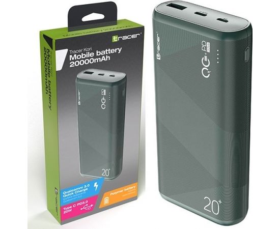 TRACER TRABAT47095 Powerbank External battery 20000 mAh 1x USB-C PD 20W 1x USB QC 3.0 Green