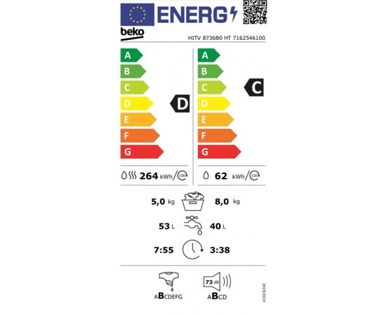 Beko HITV8736B0HT Veļas mašīna ar žāvētāju 8/5kg 1400rpm