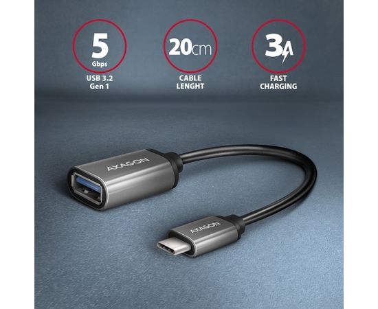(Ir veikalā) AXAGON RUCM-AFAC USB 3.2 Gen 1 Type-C Male to USB Type-A Female, cable adapter 0,2m, 3A, ALU