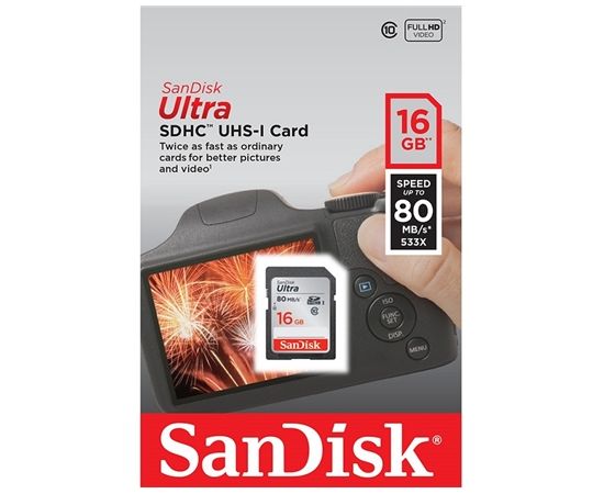 Sandisk Ultra SDHC card 16 GB, SDHC, Flash memory class 10, 80 MB/s