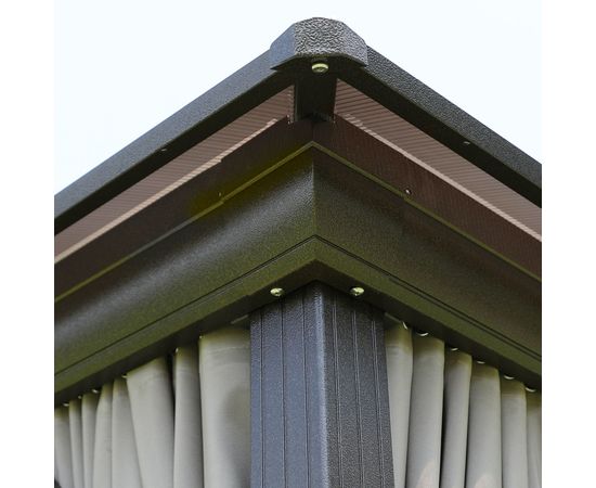 Шатёр SUNSET 3x4x2/2,7м, коричневая алюминиевая рама, поликарбонатная крыша, по бокам бежевые стенки и сетки из нейлон
