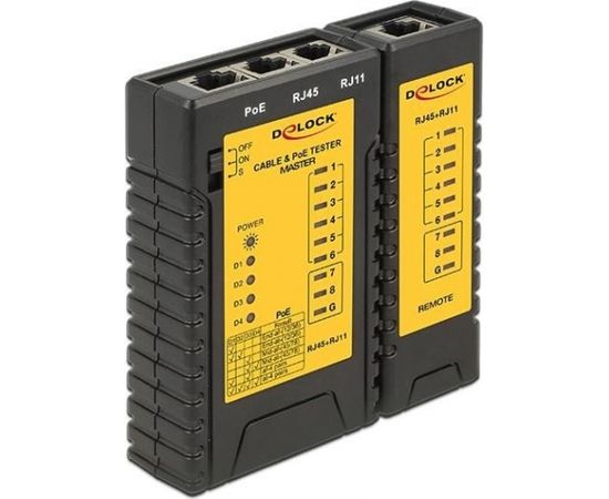 DeLOCK cable tester RJ45 / RJ12 / PoE, Cable Tester (black / yellow)