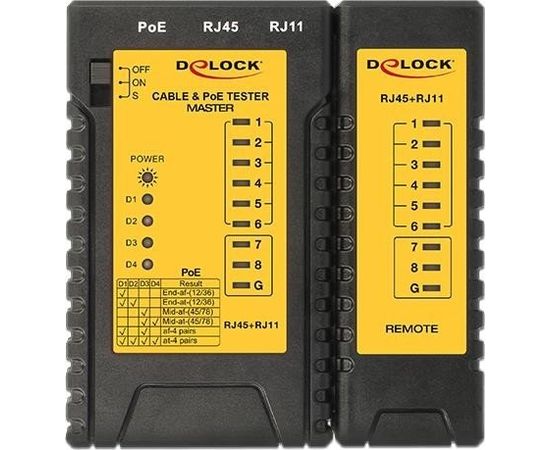 DeLOCK cable tester RJ45 / RJ12 / PoE, Cable Tester (black / yellow)