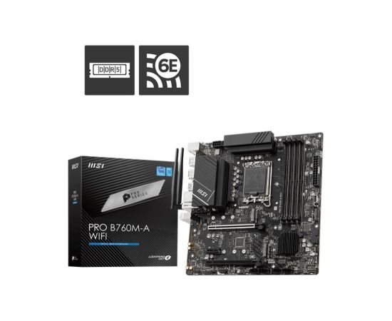 Mainboard|MSI|Intel B760 Express|LGA1700|Micro-ATX|Memory DDR5|Memory slots 4|1xPCI-Express 1x|2xPCI-Express 16x|2xM.2|2xHDMI|2xDisplayPort|2xUSB 2.0|4xUSB 3.2|1xPS/2|1xRJ45|3xAudio port|PROB760M-AWIFI Mātes plates