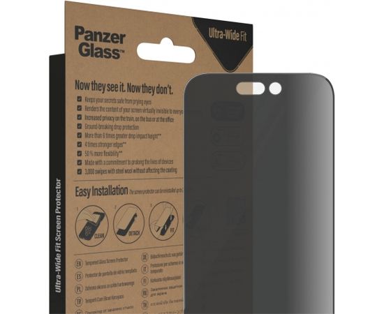 PanzerGlass Screen protector, Apple, iPhone 14 Pro, Glass, Black, Privacy