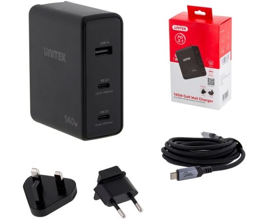 UNITEK WALL CHARGER GAN 2X USB-C, USB-A, 140W