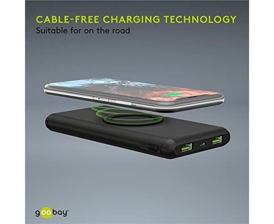 Goobay wireless fast charging power bank 10000mAh (black, USB-C PD, QC 3.0, 10,000 mAh)