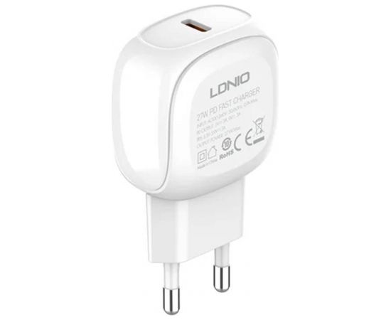 LDNIO A1206C Wall Charger, USB-C, 27W + USB-C to Lightning Cable (White)