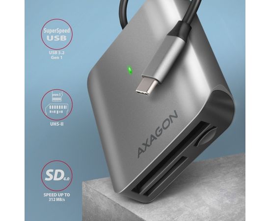 Axagon Aluminum high-speed USB-C 3.2 Gen 1 memory card reader. 3 slots, UHS-II.