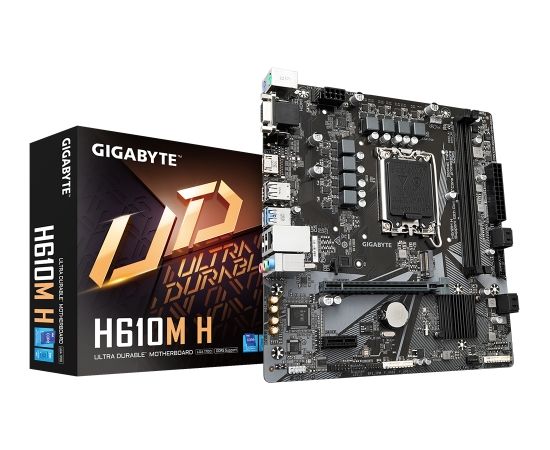 Gigabyte H610M H 1.0 Processor family Intel, Processor socket  LGA1700, DDR5 DIMM, Memory slots 2, Supported hard disk drive interfaces 	SATA, M.2, Number of SATA connectors 4, Chipset Intel H610 Express, Micro ATX Mātes plates