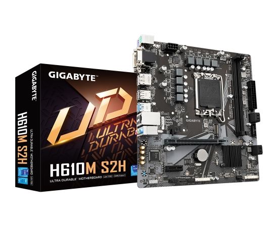 Gigabyte 	H610M S2H Processor family Intel, Processor socket  LGA1700, DDR5 DIMM, Memory slots 2, Supported hard disk drive interfaces 	SATA, M.2, Number of SATA connectors 4, Chipset Intel H610 Express, Micro ATX Mātes plates