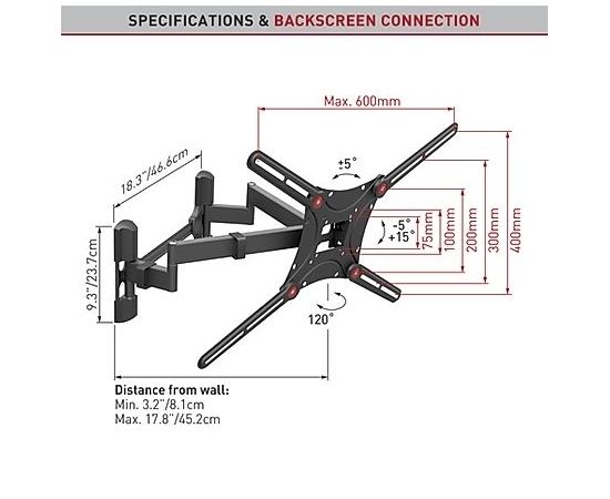 BARKAN BM464 13"-90" lygiam/lenktam TV, 4 lankstų, sieninis, juodas