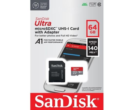 Sandisk Ultra Android microSDXC 64GB 140MB/s A1 Cl.10 UHS-I Atmiņas Karte + Adpteris