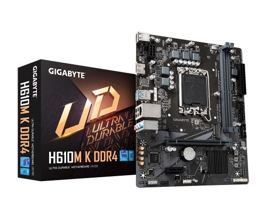 Mainboard|GIGABYTE|Intel H610|LGA1700|Micro-ATX|Memory DDR4|Memory slots 2|1xPCI-Express 3.0 1x|1xPCI-Express 4.0 16x|1xM.2|1xHDMI|4xUSB 2.0|2xUSB 3.2|1xRJ45|3xAudio port|H610MKDDR4