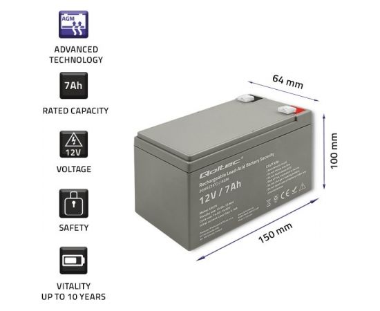 Qoltec 53076 AGM battery | 12V | 7Ah | max. 105A | Security