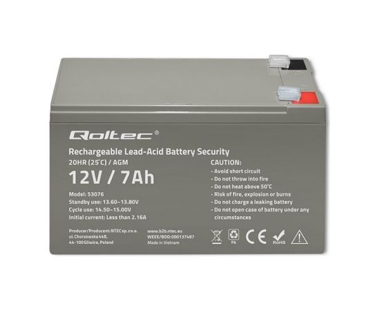 Qoltec 53076 AGM battery | 12V | 7Ah | max. 105A | Security