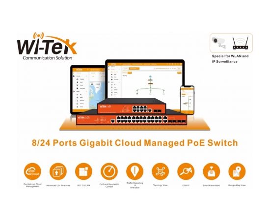 WI-PCMS310GF ~ CLOUD L2 Gigabit pārvaldāms PoE komutators 8GE(24V/48V-PoE)+2SFP+1CON (PoE 150W)