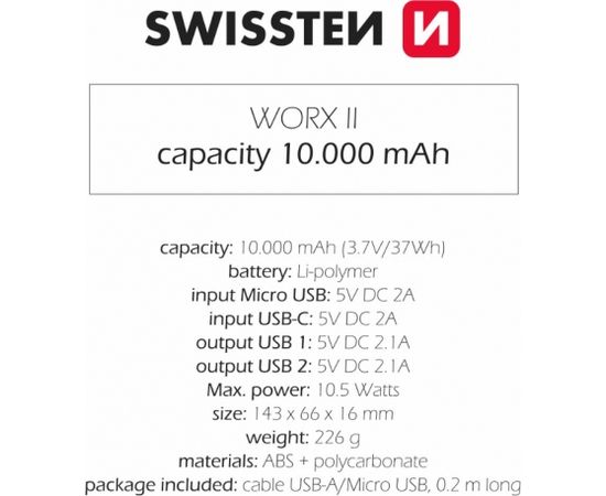 Swissten WORX II Power Bank Universāla Ārējas Uzlādes Baterija 2x USB-A / USB-C / Micro USB / 10000 mAh