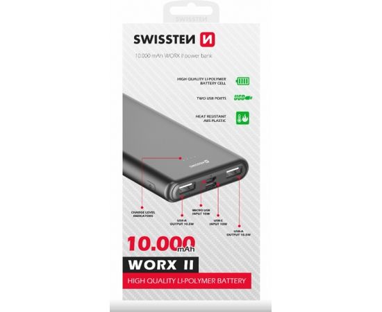 Swissten WORX II Power Bank Universāla Ārējas Uzlādes Baterija 2x USB-A / USB-C / Micro USB / 10000 mAh