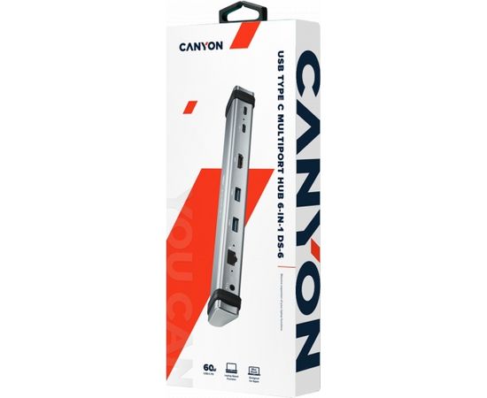 CANYON DS-6, Multiport Docking Station with 7 ports: 2*Type C+1*HDMI+2*USB3.0+1*RJ45+1*audio 3.5mm, Input 100-240V, Output USB-C PD 5-20V/3A&USB-A 5V/1A, with type c to type c cabel 0.3m, Space gray, 226*33.7*24mm, 0.174kg