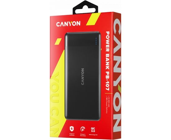 CANYON PB-107, Power bank 10000mAh Li-poly battery, Input Micro/PD 18W(Max), Output PD/QC3.0 18W(Max), quick charging cable 0.3m, 144*68*16mm, 0.25kg, Black