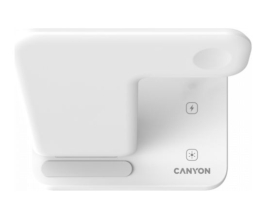 CANYON WS-303, 3in1 Wireless charger, with touch button for Running water light, Input 9V/2A, 12V/2A, Output 15W/10W/7.5W/5W, Type c to USB-A cable length 1.2m, 137*103*140mm, 0.22Kg, White