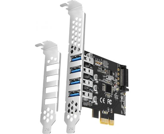 Axagon PCI-Express card with four external USB 3.2 Gen1 ports with dual power. Renesas chipset. Standard & Low profile.