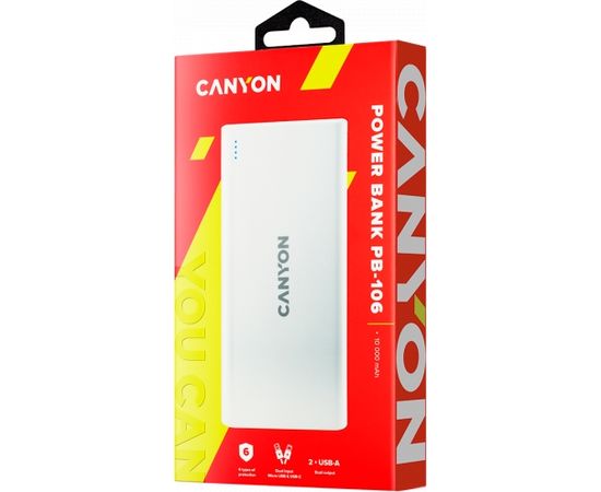 CANYON PB-106, Power bank 10000mAh Li-poly battery, Input 5V/2A, Output 5V/2.1A(Max), USB cable length 0.3m, 140*68*16mm, 0.24Kg, White