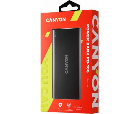 CANYON PB-106, Power bank 10000mAh Li-poly battery, Input 5V/2A, Output 5V/2.1A(Max), USB cable length 0.3m, 140*68*16mm, 0.24Kg, Black