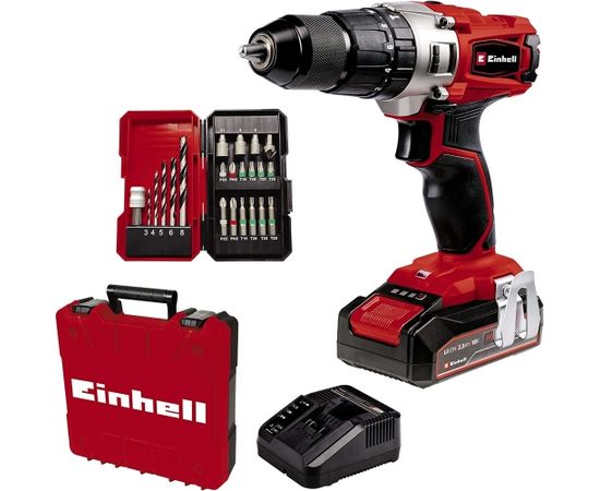 Einhell Cordless Impact Drill TE-CD 18/2 Li-i +22, 18V (red/black, Li-Ion battery 2.5Ah, case E-Box Basic + bit drill set)