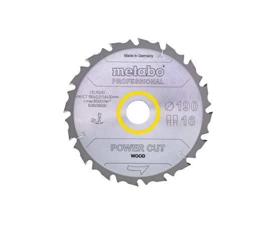 Griešanas disks kokam Metabo POWER CUT WOOD; 190x30 mm; Z16; 12°