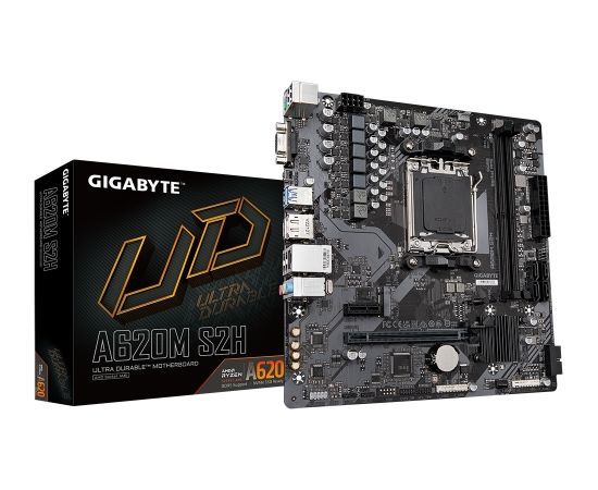 Gigabyte A620M S2H 1.0 M/B Processor family AMD, Processor socket AM5, DDR5 DIMM, Memory slots 2, Supported hard disk drive interfaces 	SATA, M.2, Number of SATA connectors 4, Chipset AMD A620, Micro ATX