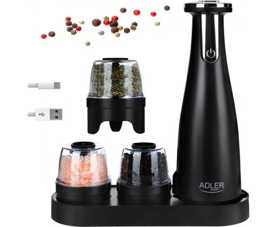 Adler Electric Salt and pepper grinder AD 4449b 7 W, Housing material ABS plastic, Lithium, Matte Black