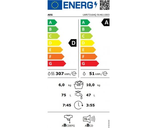 AEG LWR73164Q Veļas mašīnā ar žāvētāju AutoDose 10/6kg 1600rpm