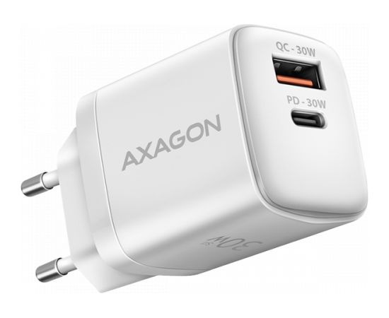 Axagon Sil wallcharger 2x port (USB-A + USB-C), PD3.0/QC4+/PPS/AFC/Apple. 30W total power.