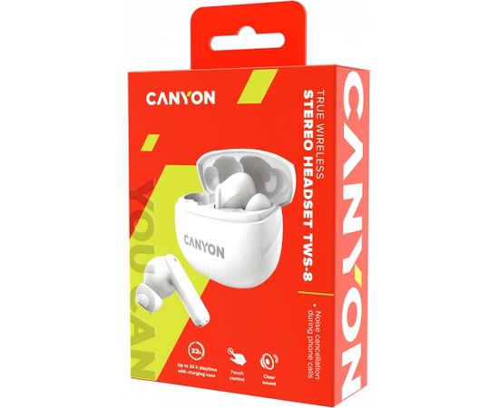 CANYON TWS-8, Bluetooth headset, with microphone, with ENC, BT V5.3 BT V5.3 JL 6976D4, Frequence Response:20Hz-20kHz, battery EarBud 40mAh*2+Charging Case 470mAh, type-C cable length 0.24m, Size: 59*48.8*25.5mm, 0.041kg, white