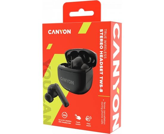 CANYON TWS-8, Bluetooth headset, with microphone, with ENC, BT V5.3 JL 6976D4, Frequence Response:20Hz-20kHz, battery EarBud 40mAh*2+Charging Case 470mAh, type-C cable length 0.24m, Size: 59*48.8*25.5mm, 0.041kg, Black