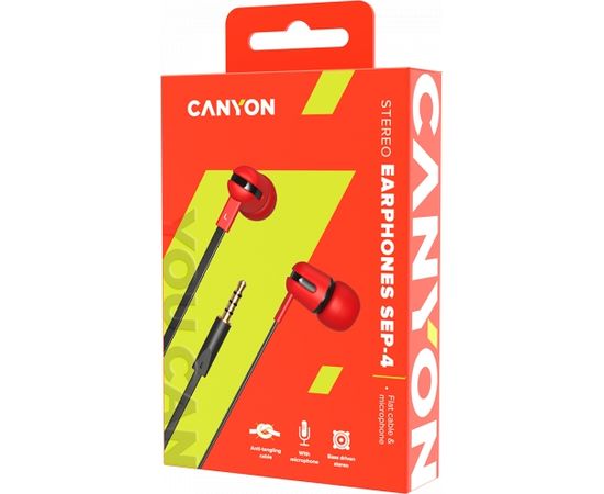 CANYON SEP-4, Stereo earphone with microphone, 1.2m flat cable, Red, 22*12*12mm, 0.013kg